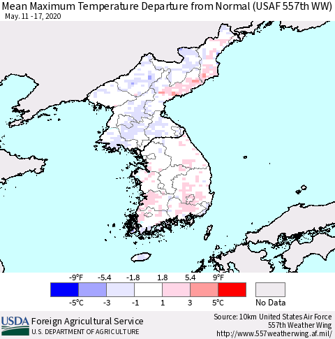 Korea Mean Maximum Temperature Departure from Normal (USAF 557th WW) Thematic Map For 5/11/2020 - 5/17/2020