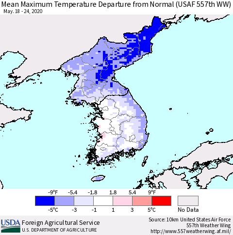 Korea Mean Maximum Temperature Departure from Normal (USAF 557th WW) Thematic Map For 5/18/2020 - 5/24/2020
