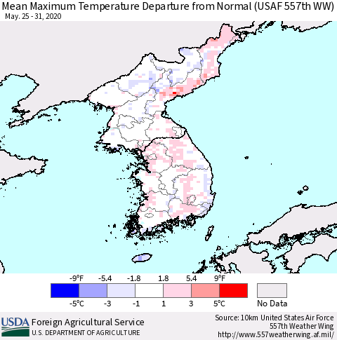 Korea Mean Maximum Temperature Departure from Normal (USAF 557th WW) Thematic Map For 5/25/2020 - 5/31/2020