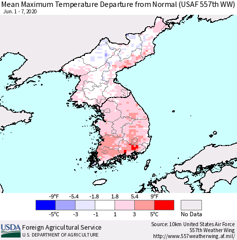 Korea Mean Maximum Temperature Departure from Normal (USAF 557th WW) Thematic Map For 6/1/2020 - 6/7/2020