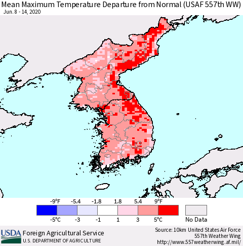 Korea Mean Maximum Temperature Departure from Normal (USAF 557th WW) Thematic Map For 6/8/2020 - 6/14/2020
