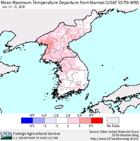 Korea Mean Maximum Temperature Departure from Normal (USAF 557th WW) Thematic Map For 6/15/2020 - 6/21/2020