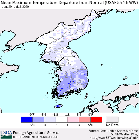 Korea Mean Maximum Temperature Departure from Normal (USAF 557th WW) Thematic Map For 6/29/2020 - 7/5/2020