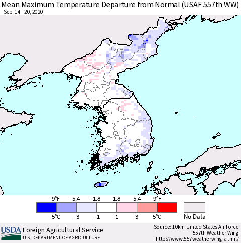 Korea Mean Maximum Temperature Departure from Normal (USAF 557th WW) Thematic Map For 9/14/2020 - 9/20/2020