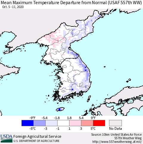 Korea Mean Maximum Temperature Departure from Normal (USAF 557th WW) Thematic Map For 10/5/2020 - 10/11/2020