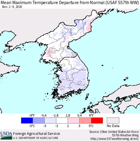 Korea Mean Maximum Temperature Departure from Normal (USAF 557th WW) Thematic Map For 11/2/2020 - 11/8/2020