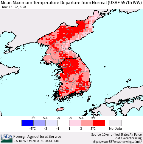 Korea Mean Maximum Temperature Departure from Normal (USAF 557th WW) Thematic Map For 11/16/2020 - 11/22/2020