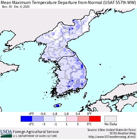 Korea Mean Maximum Temperature Departure from Normal (USAF 557th WW) Thematic Map For 11/30/2020 - 12/6/2020