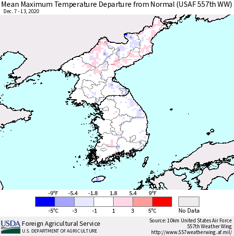 Korea Mean Maximum Temperature Departure from Normal (USAF 557th WW) Thematic Map For 12/7/2020 - 12/13/2020