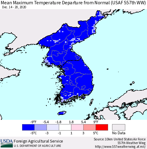 Korea Mean Maximum Temperature Departure from Normal (USAF 557th WW) Thematic Map For 12/14/2020 - 12/20/2020