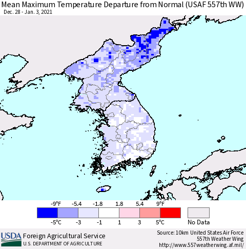 Korea Mean Maximum Temperature Departure from Normal (USAF 557th WW) Thematic Map For 12/28/2020 - 1/3/2021