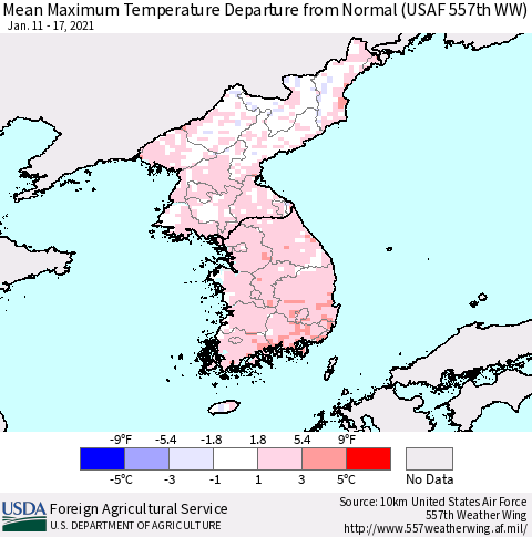 Korea Mean Maximum Temperature Departure from Normal (USAF 557th WW) Thematic Map For 1/11/2021 - 1/17/2021