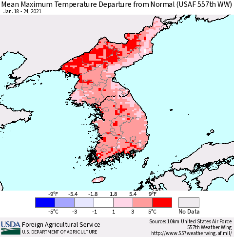 Korea Mean Maximum Temperature Departure from Normal (USAF 557th WW) Thematic Map For 1/18/2021 - 1/24/2021