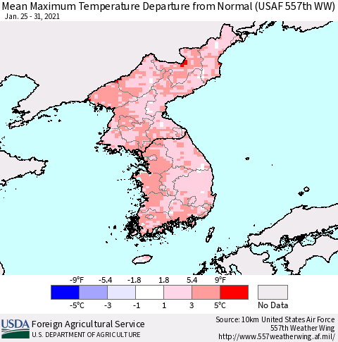 Korea Mean Maximum Temperature Departure from Normal (USAF 557th WW) Thematic Map For 1/25/2021 - 1/31/2021