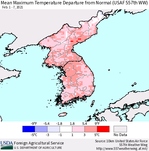 Korea Mean Maximum Temperature Departure from Normal (USAF 557th WW) Thematic Map For 2/1/2021 - 2/7/2021