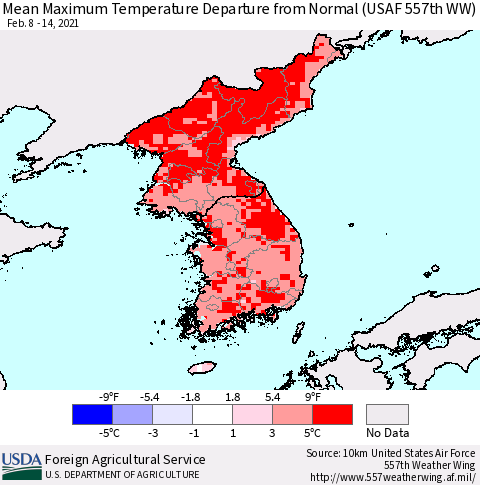 Korea Mean Maximum Temperature Departure from Normal (USAF 557th WW) Thematic Map For 2/8/2021 - 2/14/2021