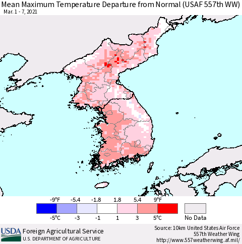 Korea Mean Maximum Temperature Departure from Normal (USAF 557th WW) Thematic Map For 3/1/2021 - 3/7/2021