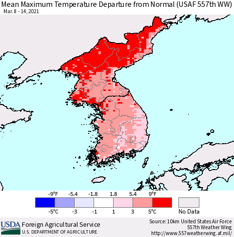 Korea Mean Maximum Temperature Departure from Normal (USAF 557th WW) Thematic Map For 3/8/2021 - 3/14/2021