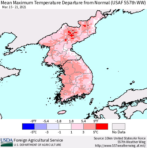 Korea Mean Maximum Temperature Departure from Normal (USAF 557th WW) Thematic Map For 3/15/2021 - 3/21/2021