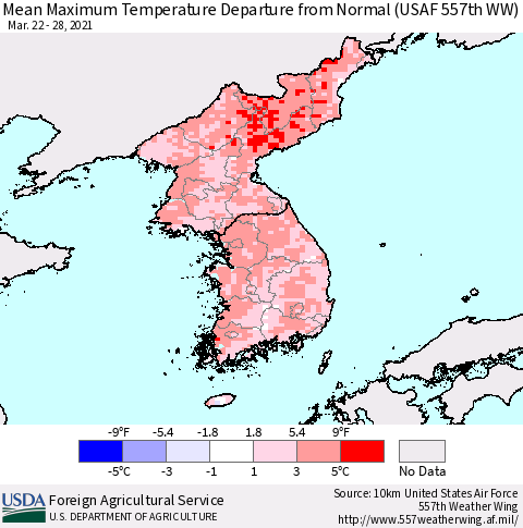 Korea Mean Maximum Temperature Departure from Normal (USAF 557th WW) Thematic Map For 3/22/2021 - 3/28/2021