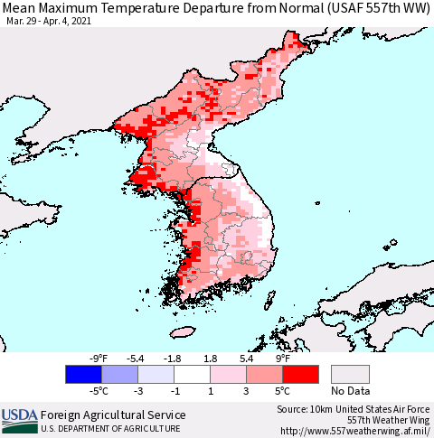 Korea Mean Maximum Temperature Departure from Normal (USAF 557th WW) Thematic Map For 3/29/2021 - 4/4/2021