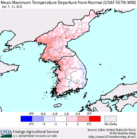 Korea Mean Maximum Temperature Departure from Normal (USAF 557th WW) Thematic Map For 4/5/2021 - 4/11/2021