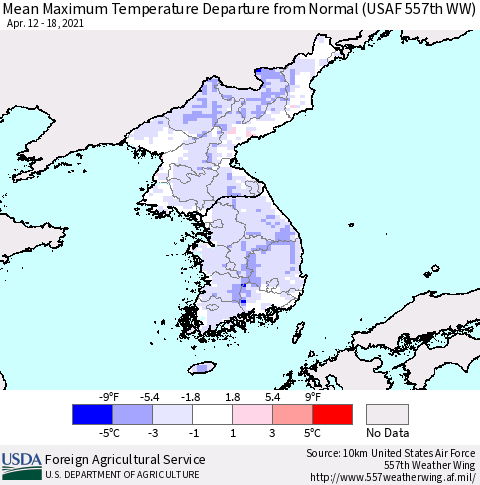 Korea Mean Maximum Temperature Departure from Normal (USAF 557th WW) Thematic Map For 4/12/2021 - 4/18/2021