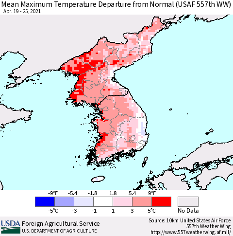Korea Mean Maximum Temperature Departure from Normal (USAF 557th WW) Thematic Map For 4/19/2021 - 4/25/2021