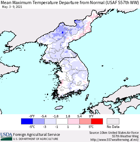 Korea Mean Maximum Temperature Departure from Normal (USAF 557th WW) Thematic Map For 5/3/2021 - 5/9/2021