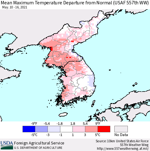 Korea Mean Maximum Temperature Departure from Normal (USAF 557th WW) Thematic Map For 5/10/2021 - 5/16/2021