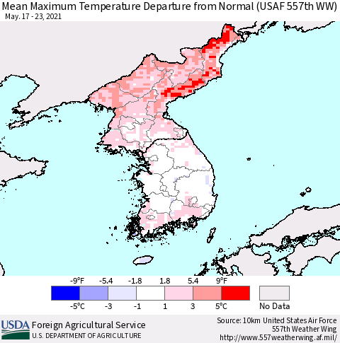 Korea Mean Maximum Temperature Departure from Normal (USAF 557th WW) Thematic Map For 5/17/2021 - 5/23/2021