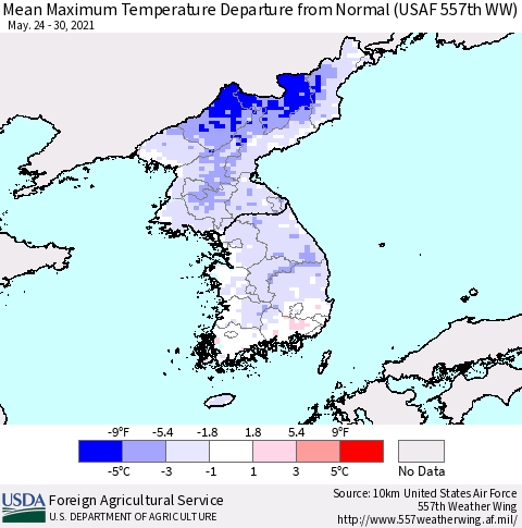 Korea Mean Maximum Temperature Departure from Normal (USAF 557th WW) Thematic Map For 5/24/2021 - 5/30/2021