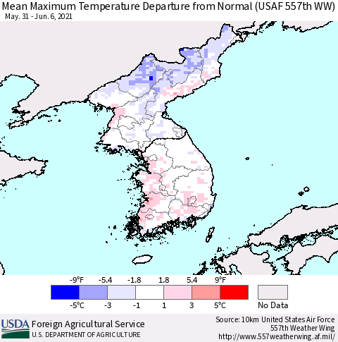 Korea Mean Maximum Temperature Departure from Normal (USAF 557th WW) Thematic Map For 5/31/2021 - 6/6/2021