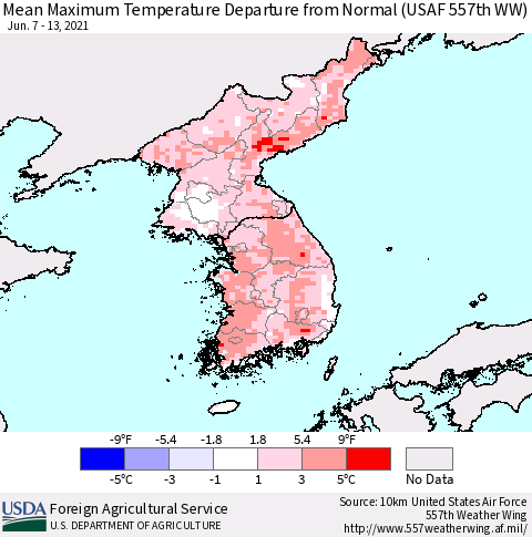 Korea Mean Maximum Temperature Departure from Normal (USAF 557th WW) Thematic Map For 6/7/2021 - 6/13/2021