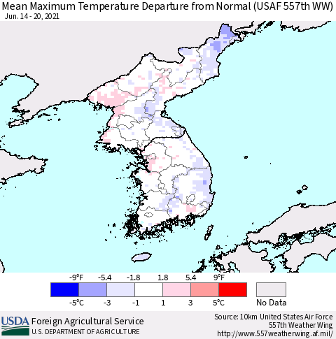 Korea Mean Maximum Temperature Departure from Normal (USAF 557th WW) Thematic Map For 6/14/2021 - 6/20/2021