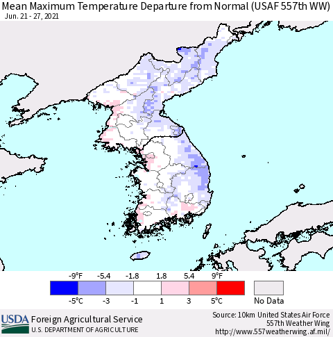 Korea Mean Maximum Temperature Departure from Normal (USAF 557th WW) Thematic Map For 6/21/2021 - 6/27/2021
