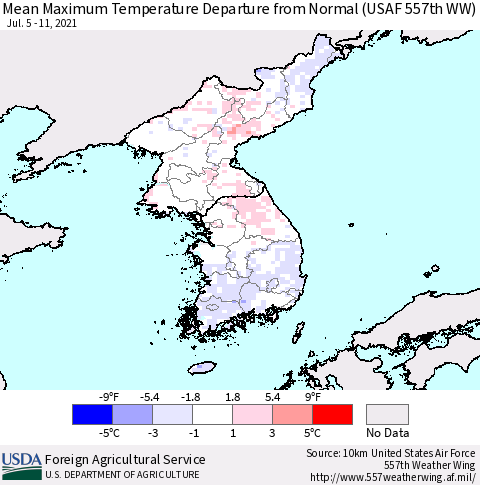 Korea Mean Maximum Temperature Departure from Normal (USAF 557th WW) Thematic Map For 7/5/2021 - 7/11/2021