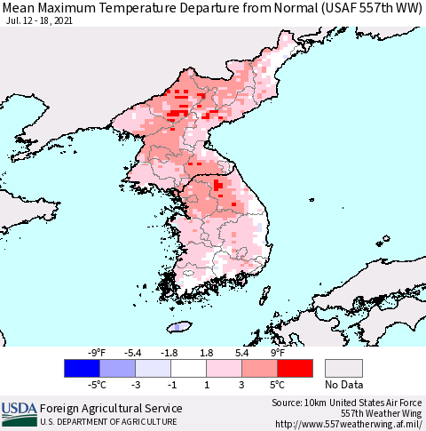Korea Mean Maximum Temperature Departure from Normal (USAF 557th WW) Thematic Map For 7/12/2021 - 7/18/2021