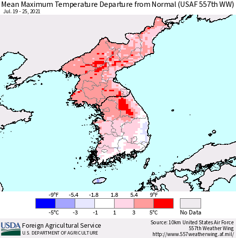 Korea Mean Maximum Temperature Departure from Normal (USAF 557th WW) Thematic Map For 7/19/2021 - 7/25/2021