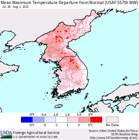 Korea Mean Maximum Temperature Departure from Normal (USAF 557th WW) Thematic Map For 7/26/2021 - 8/1/2021