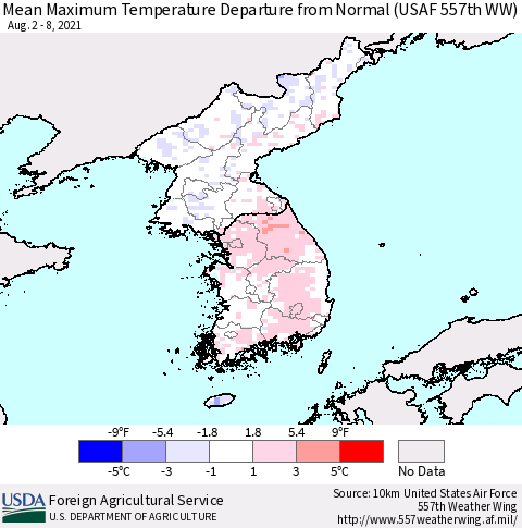 Korea Mean Maximum Temperature Departure from Normal (USAF 557th WW) Thematic Map For 8/2/2021 - 8/8/2021