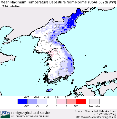Korea Mean Maximum Temperature Departure from Normal (USAF 557th WW) Thematic Map For 8/9/2021 - 8/15/2021