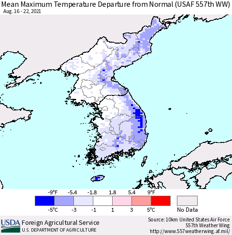 Korea Mean Maximum Temperature Departure from Normal (USAF 557th WW) Thematic Map For 8/16/2021 - 8/22/2021