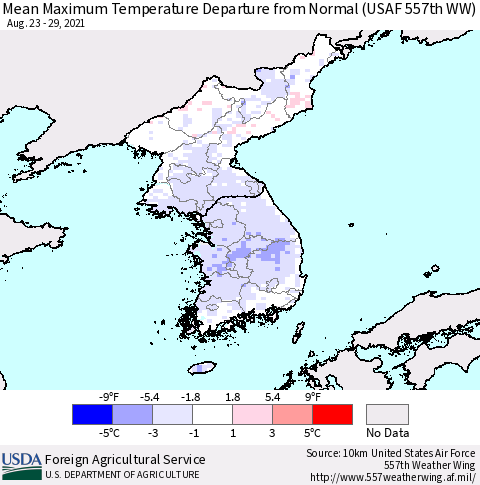 Korea Mean Maximum Temperature Departure from Normal (USAF 557th WW) Thematic Map For 8/23/2021 - 8/29/2021