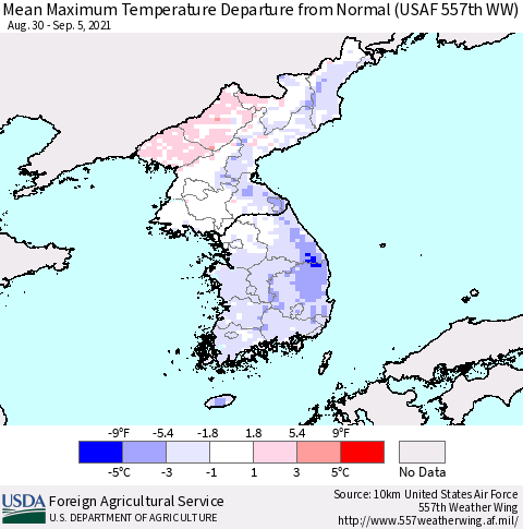 Korea Mean Maximum Temperature Departure from Normal (USAF 557th WW) Thematic Map For 8/30/2021 - 9/5/2021