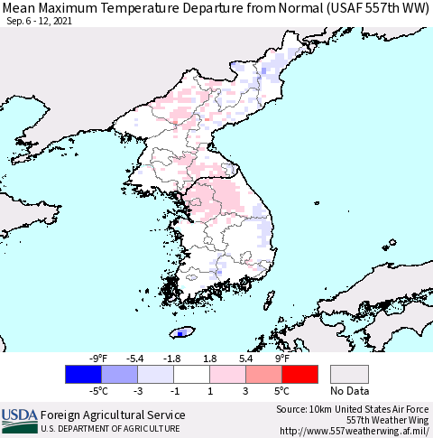 Korea Mean Maximum Temperature Departure from Normal (USAF 557th WW) Thematic Map For 9/6/2021 - 9/12/2021