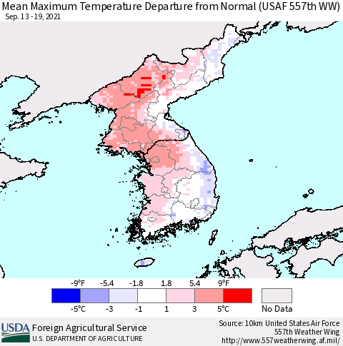 Korea Mean Maximum Temperature Departure from Normal (USAF 557th WW) Thematic Map For 9/13/2021 - 9/19/2021