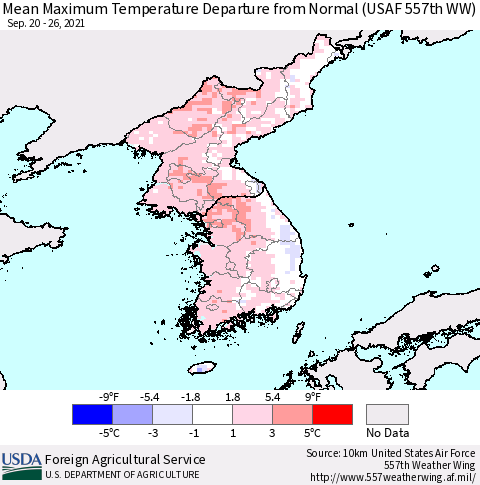 Korea Mean Maximum Temperature Departure from Normal (USAF 557th WW) Thematic Map For 9/20/2021 - 9/26/2021
