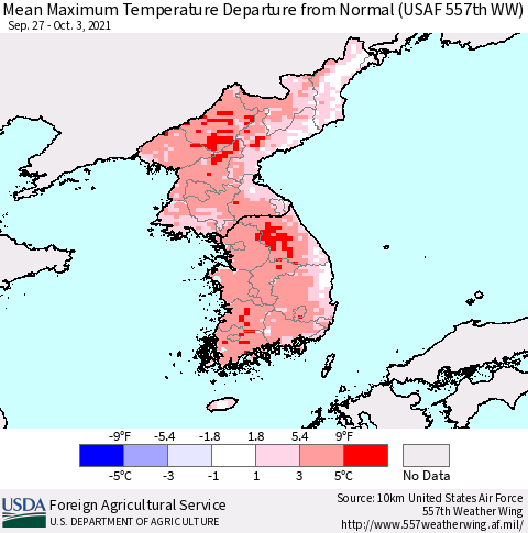 Korea Mean Maximum Temperature Departure from Normal (USAF 557th WW) Thematic Map For 9/27/2021 - 10/3/2021