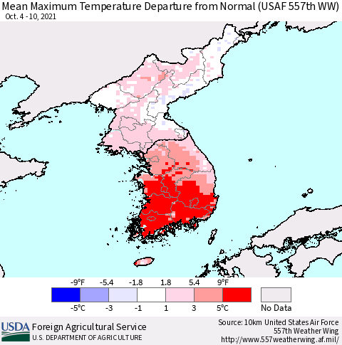Korea Mean Maximum Temperature Departure from Normal (USAF 557th WW) Thematic Map For 10/4/2021 - 10/10/2021